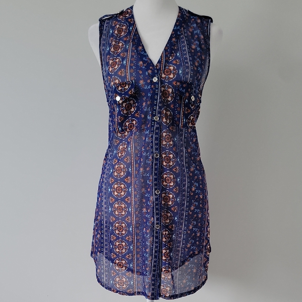 Women's Ember V-Neck Navy Orange Floral Sheer Sleeveless Tunic Blouse Top Size M